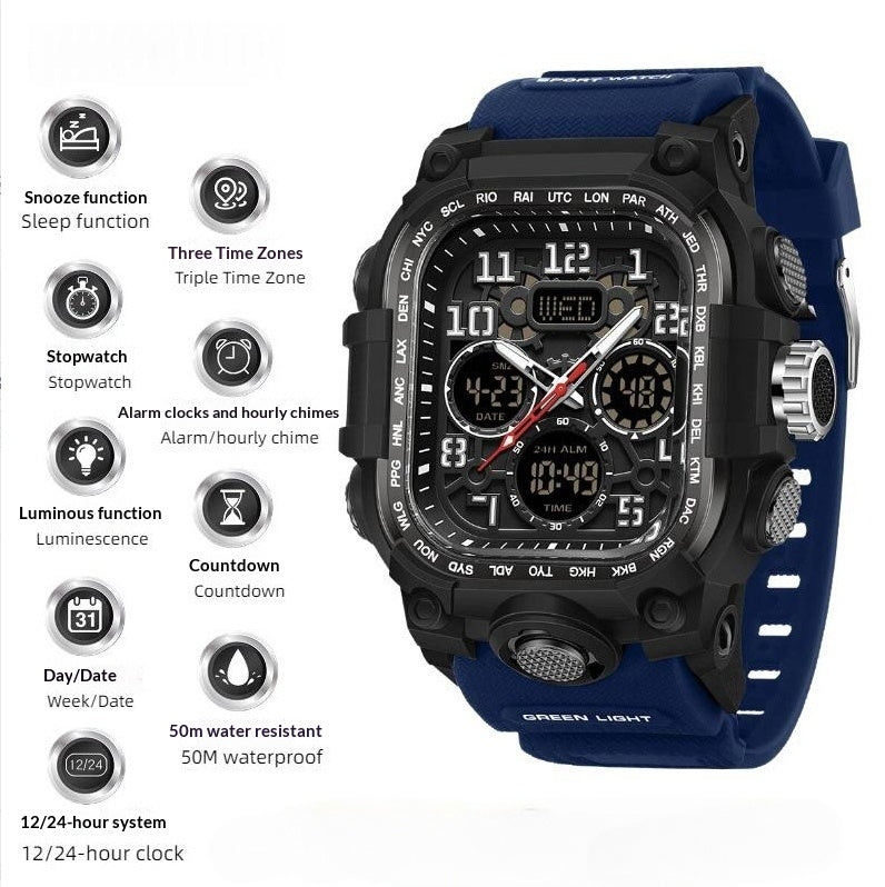 Montre numérique carrée Imperméable Sports Compte à rebours Chronomètre Multifonctionnel Randonnée en plein air Wris