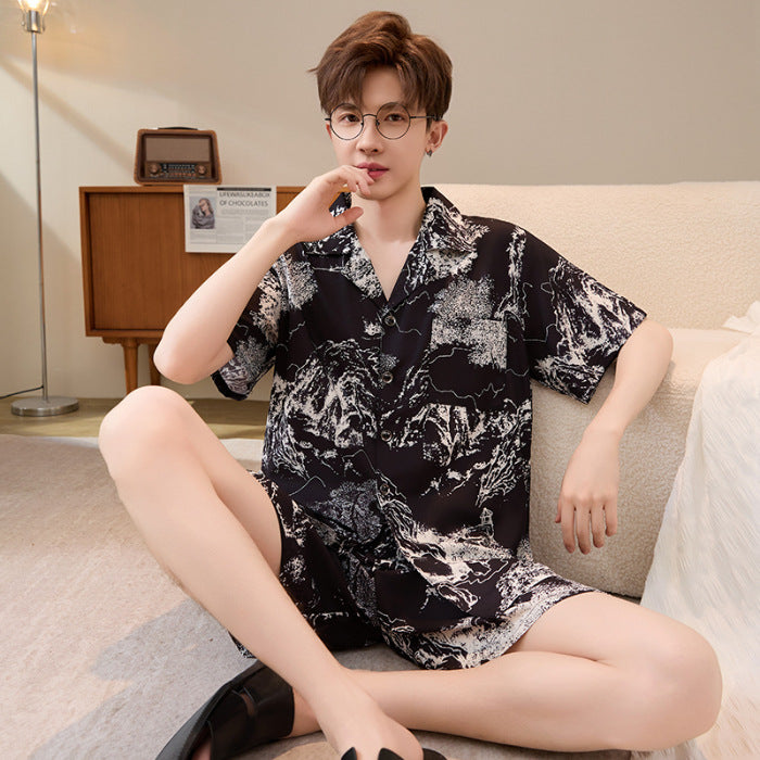 Hommes Summer Cardigan Ice-silk Manches courtes Top et shorts