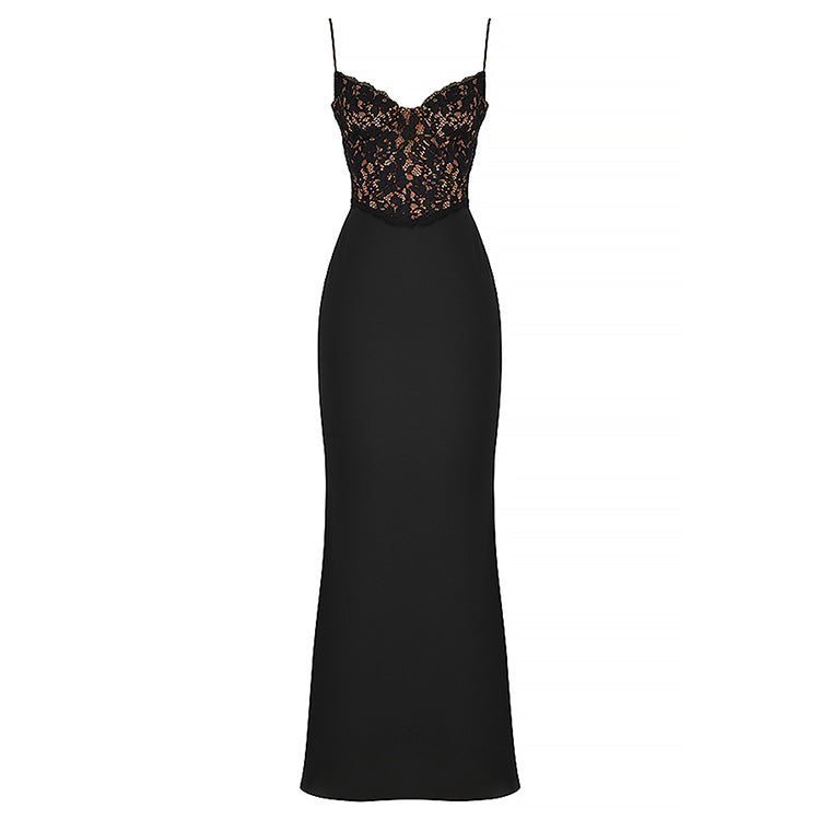 High Waist Lace Deep V Strap Fishtail Maxi Dress