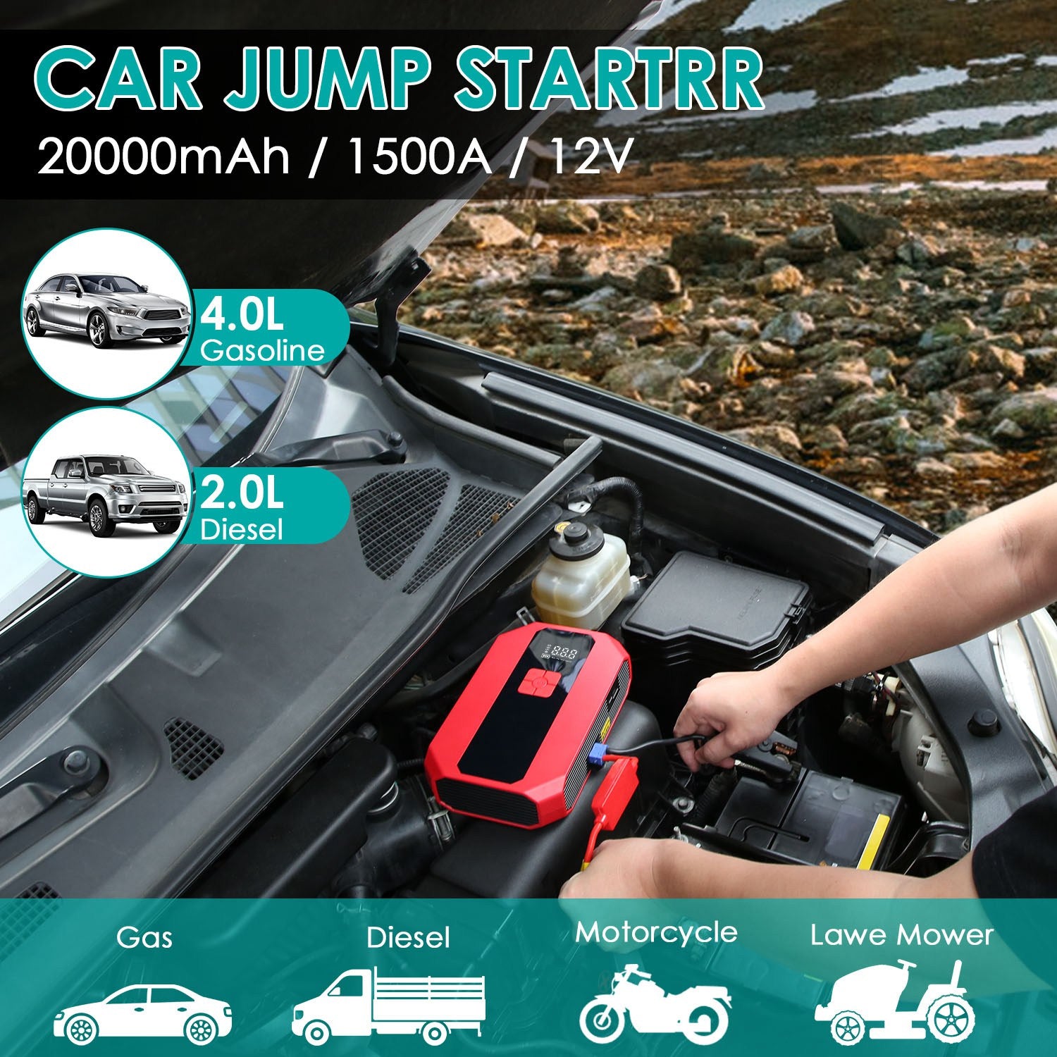 Compresseur d'air de démarrage de voiture portable 1Pc 1500A 400PSI Chargeur de batterie de voiture Jump Starter