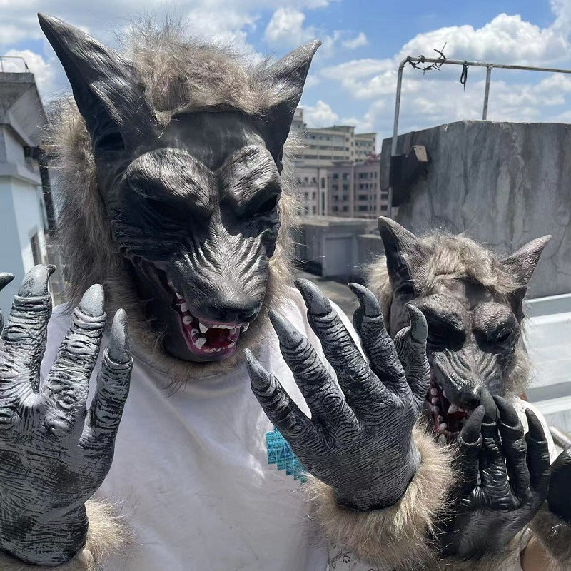 Gants de loup de tête de loup d'Halloween Masque de capot d'animaux