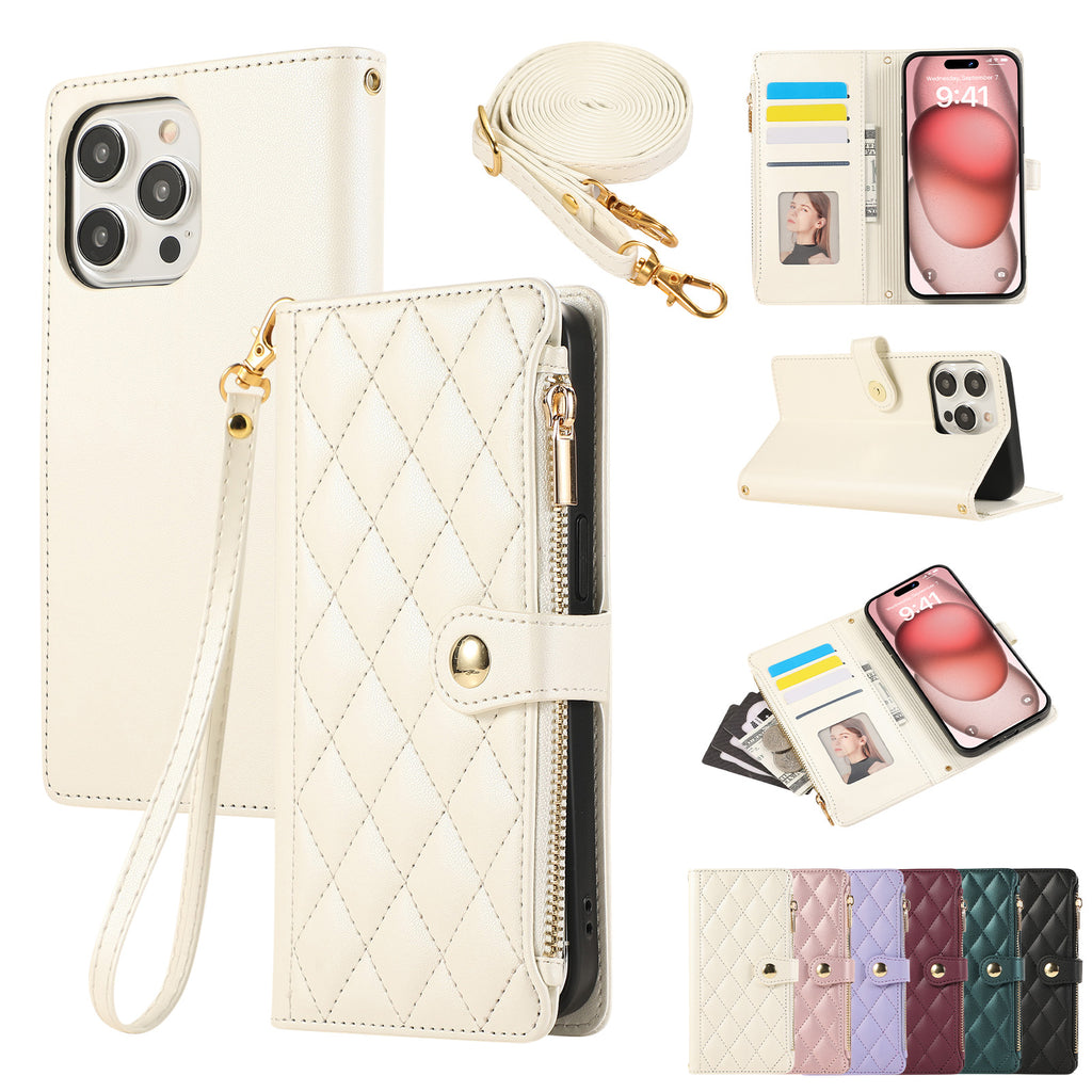 Solid Color Simple Diamond Le style de Chanel Zipper Crossbody Rope Phone Case