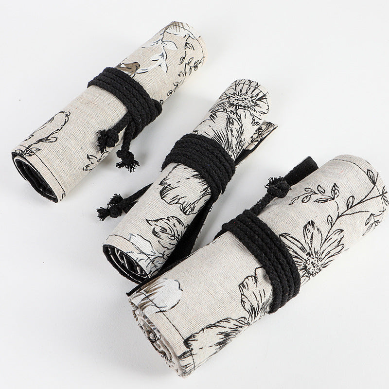 Noir Peony Hefeng imprimé toile rideau de crayon haute capacité sac en rouleau de crayon