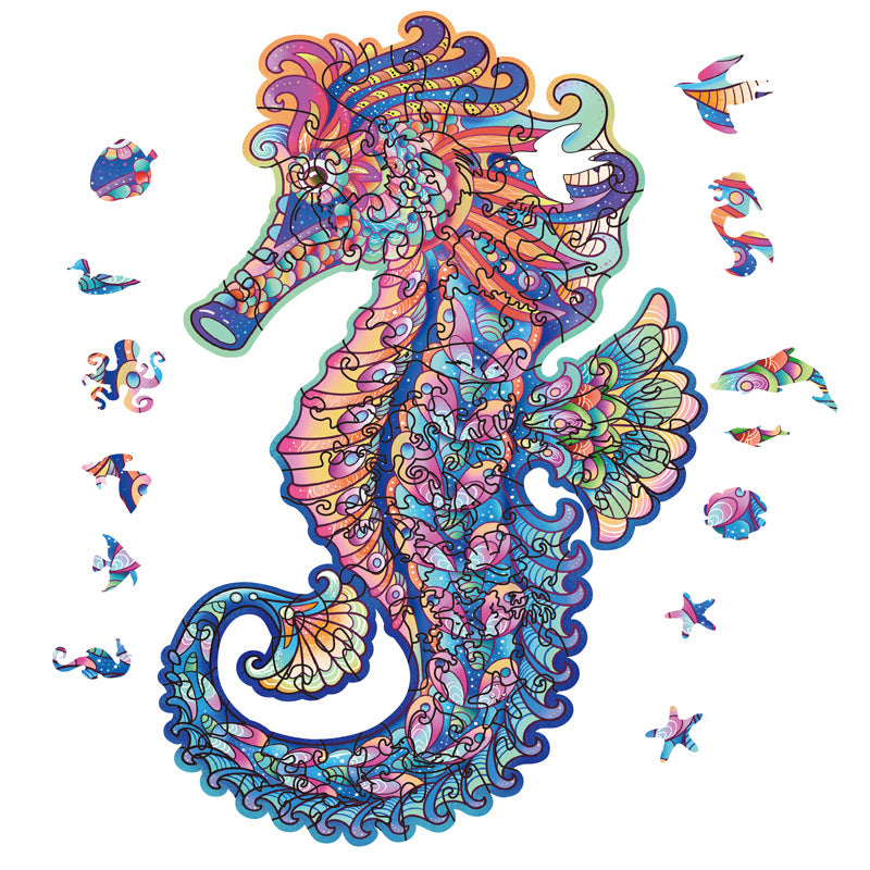 Puzzle en bois d'animal en forme d'hippocampe en trois dimensions irrégulière