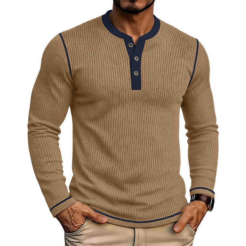 T-shirt manches longues pour hommes avec un chandail Henley bloqué en couleur