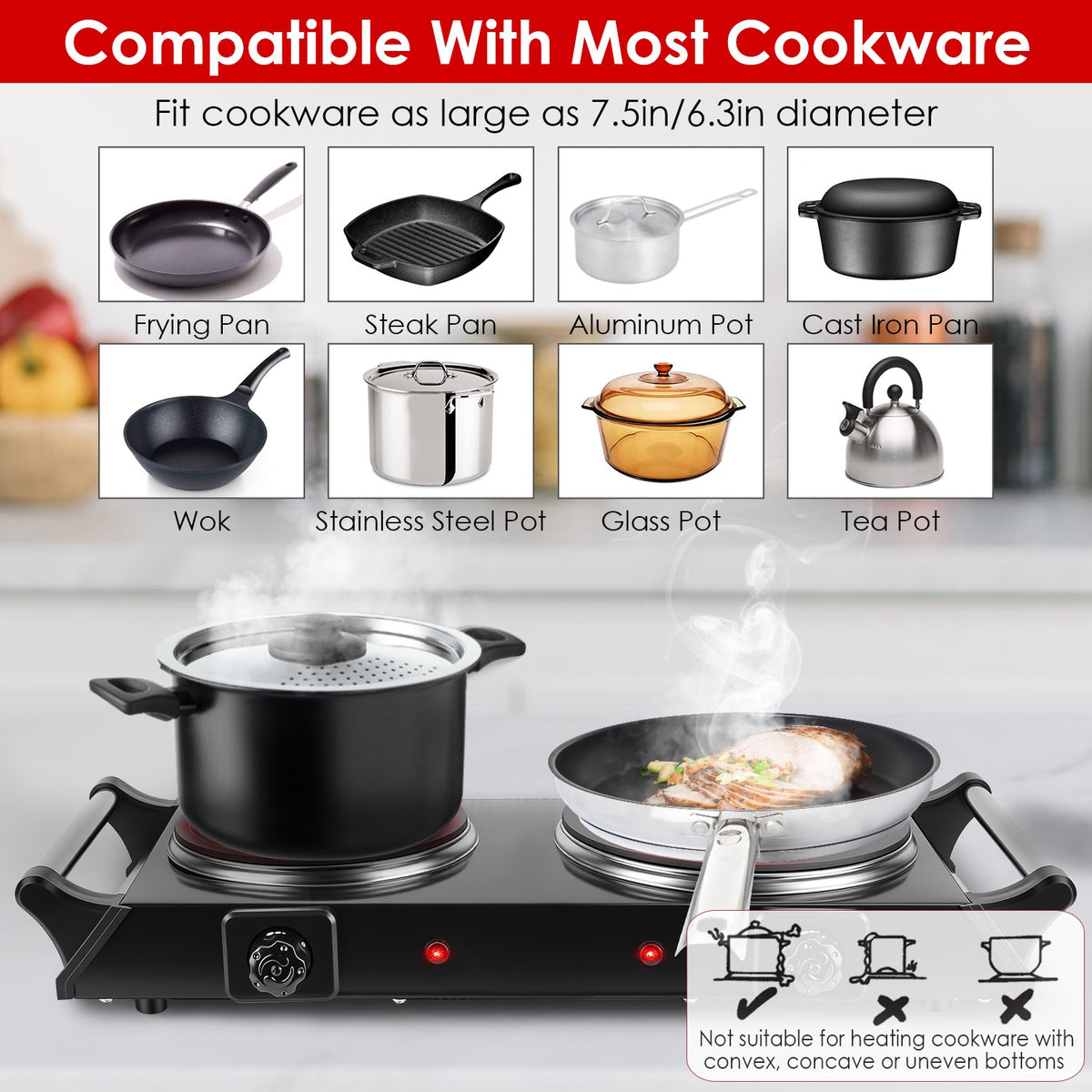 1800W Plaque de chauffage portable à double brûleur électrique plaque de cuisson de comptoir RV plaque avec 5 Te