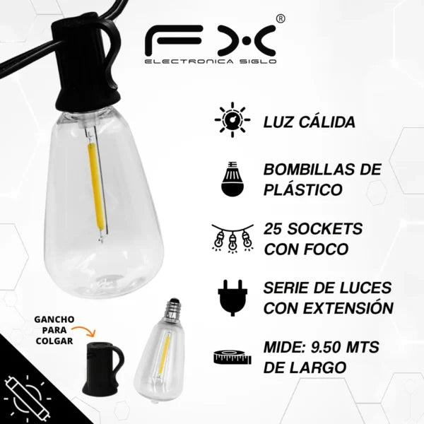 LED chaud lumière décorative chaîne de lumière 25 lumières avec prise 9,5m
