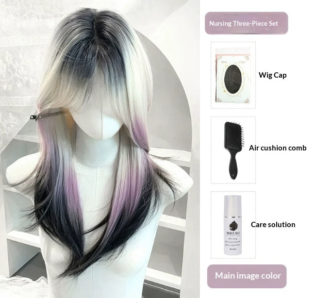 Femme Long Wavy Perruque en rose et noir avec poodle style bangs et une partie moyenne