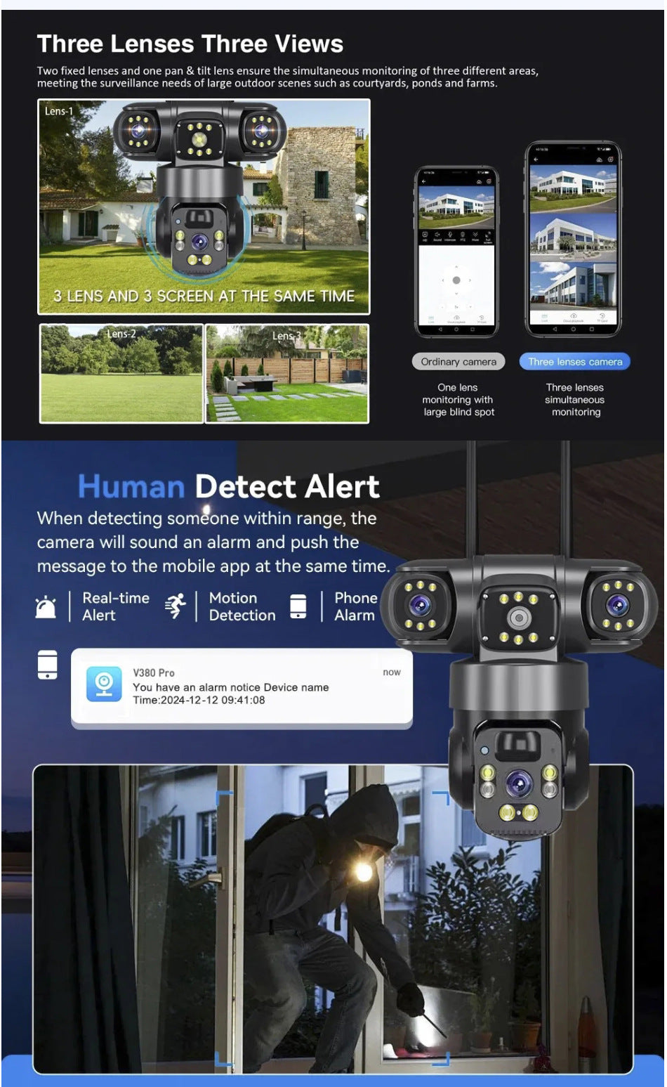 Caméra de surveillance solaire V360Pro Outdoor Night Vision