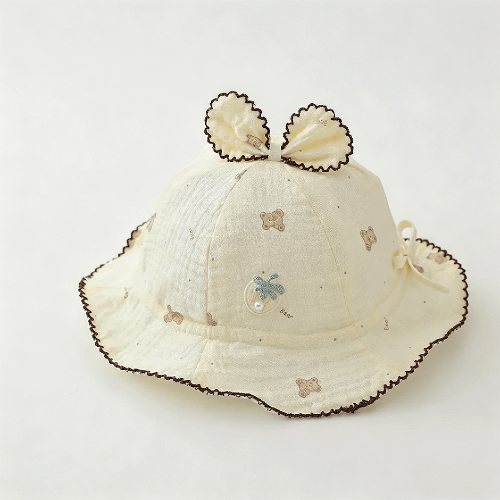Summer Baby Bear Print Chapeau Bow avec bride frisée et broderie aux fraises
