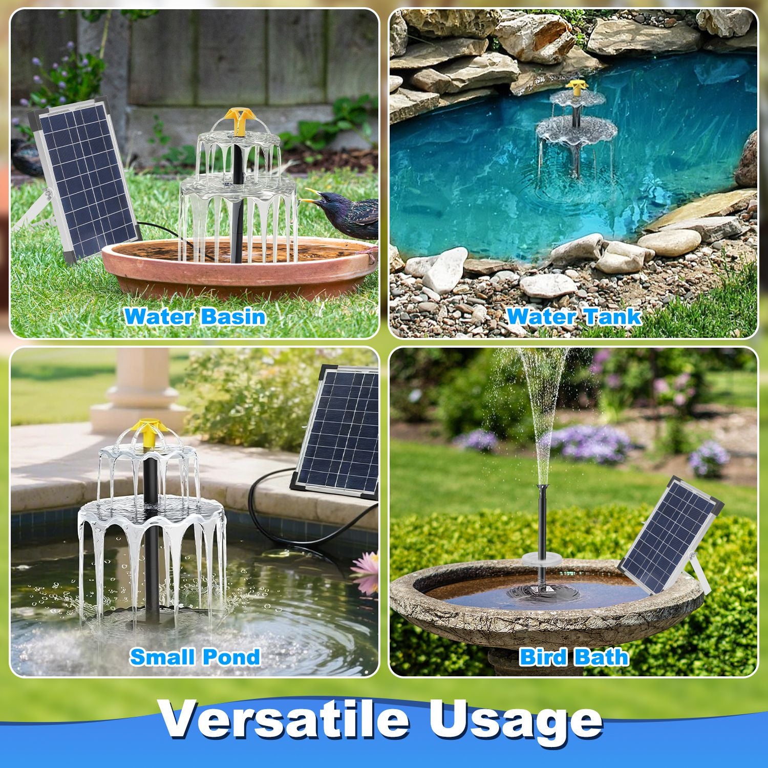 Fontaine solaire pour oiseaux 3 niveaux avec lumières colorées