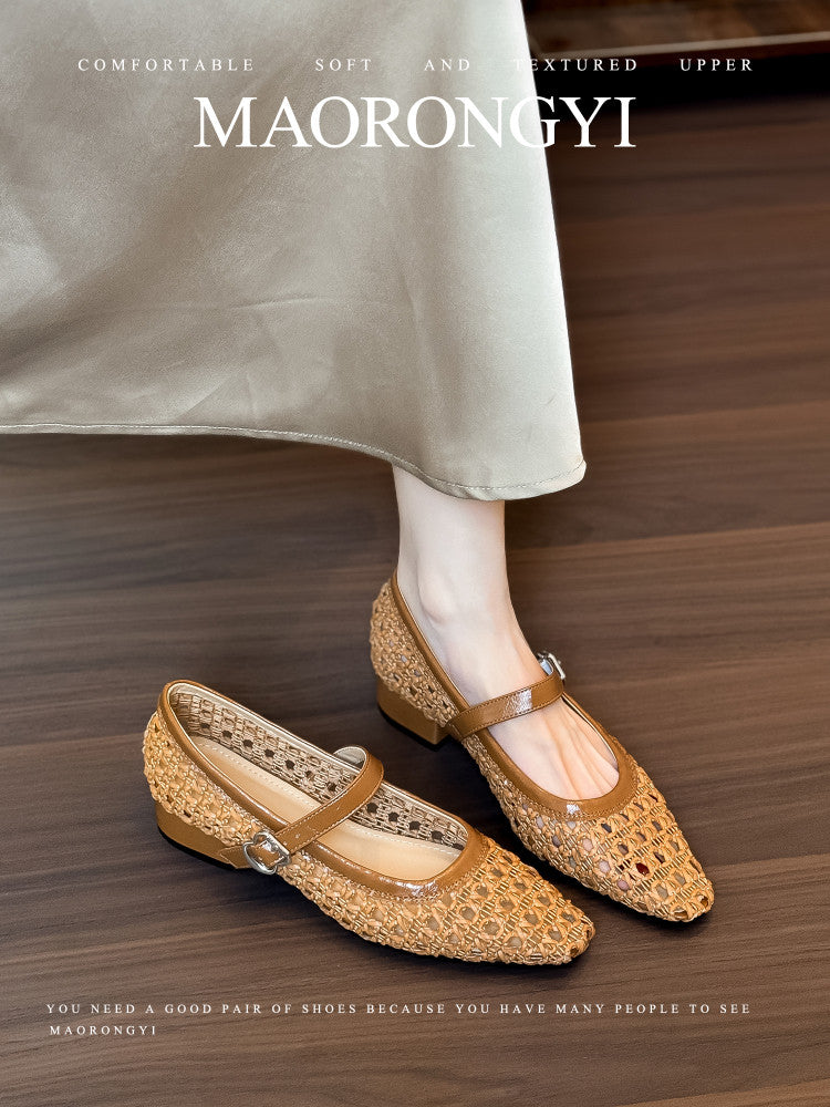 Retro Woven Hollow Respirant orteil carré talons Femmes simples Chaussures Summer One Strap
