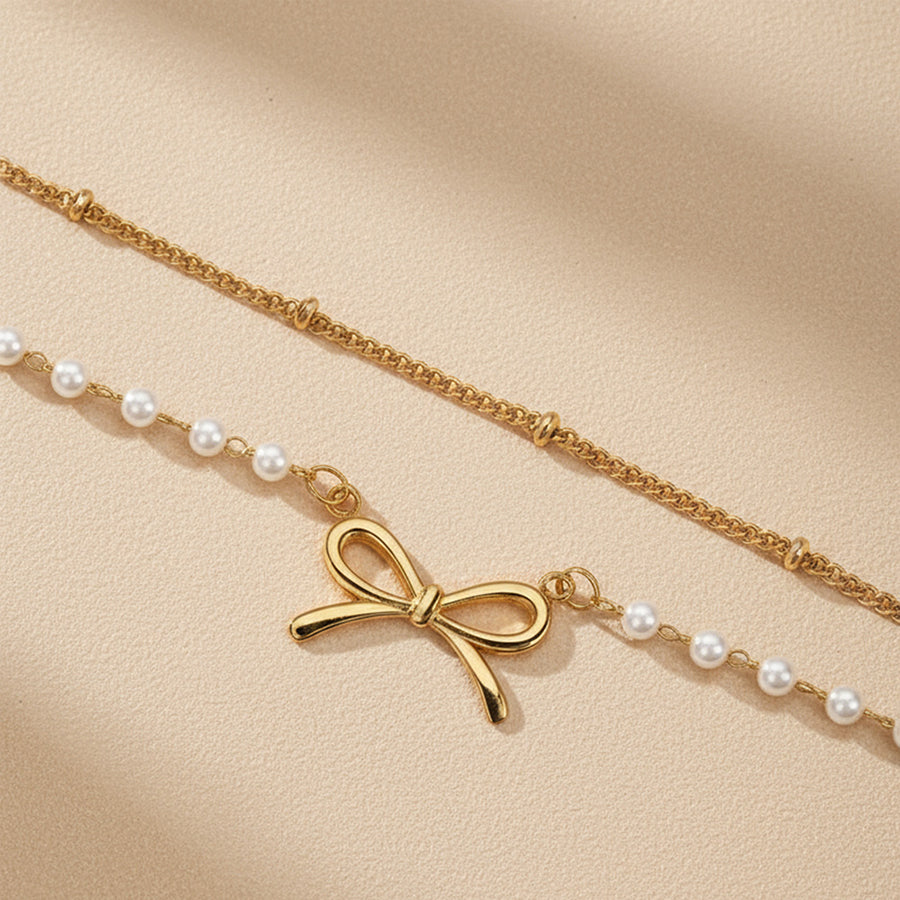 Femmes Double couche Anklet or ton Bow noeud perle artificielle perle bracelet ajust