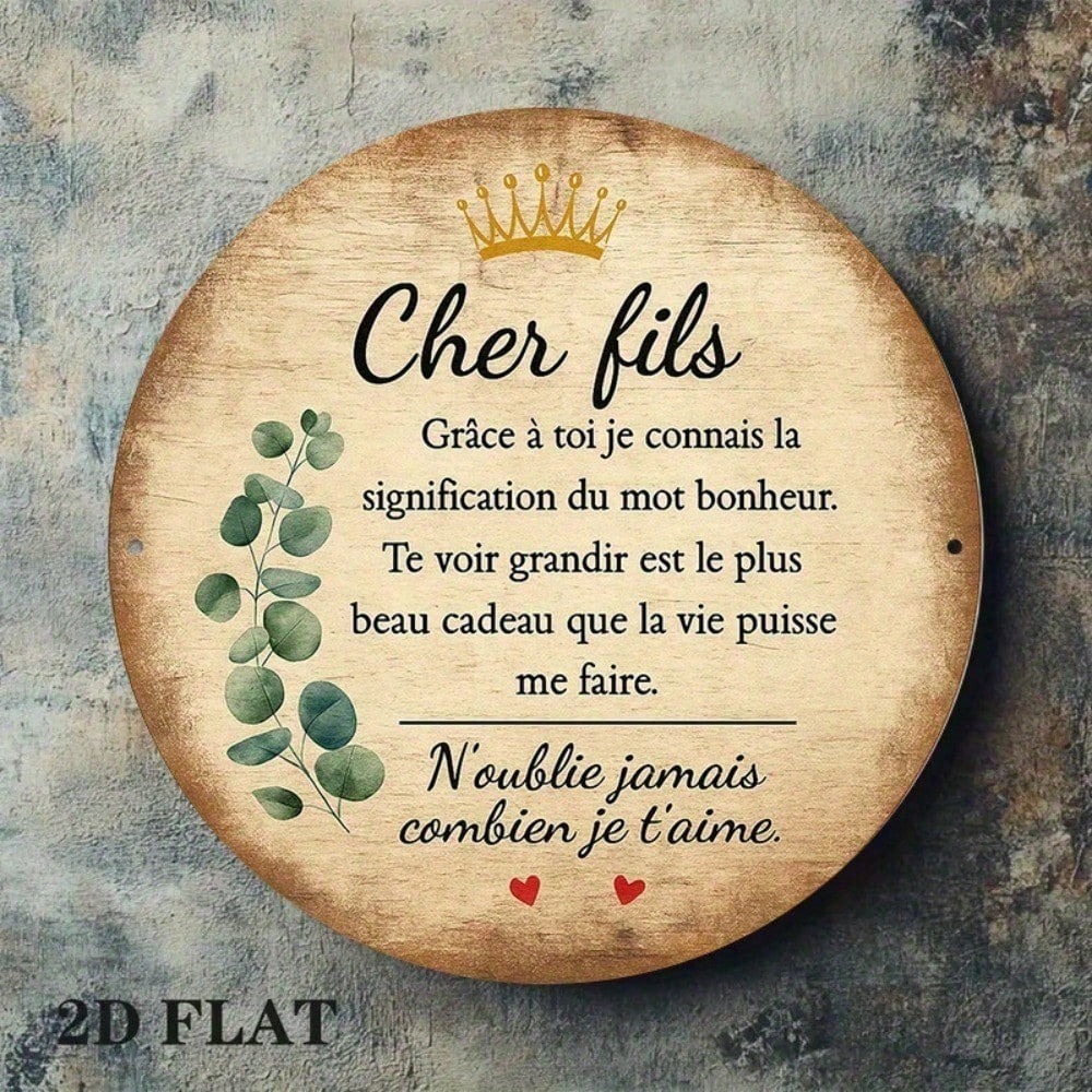 Cher fils Français rond aluminium panneau 8x8in Vintage Wall Art