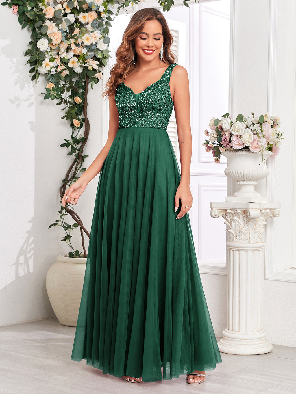Robe de soirée à mailles pailletées Double V-Neck