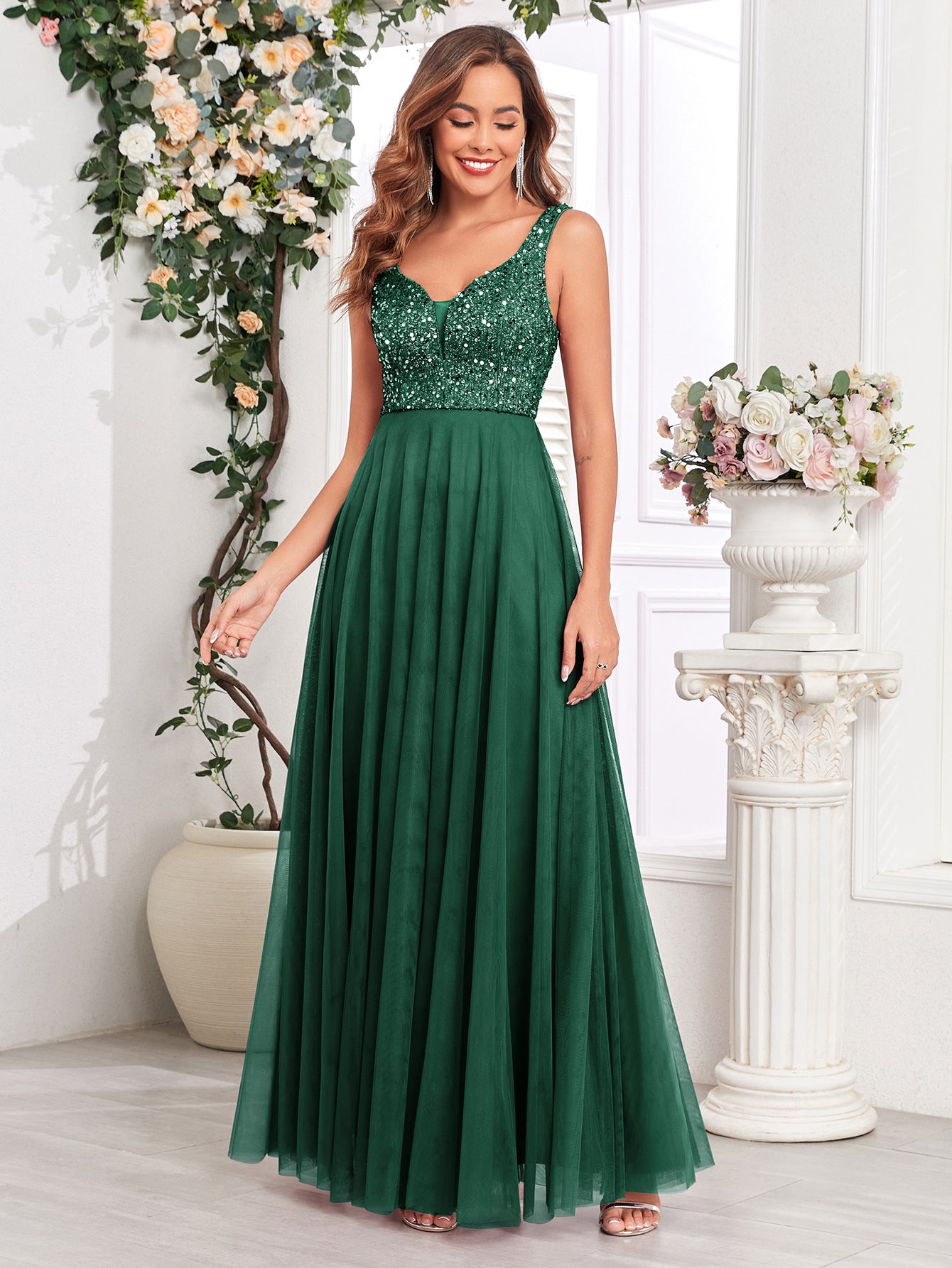 Robe de soirée à mailles pailletées Double V-Neck