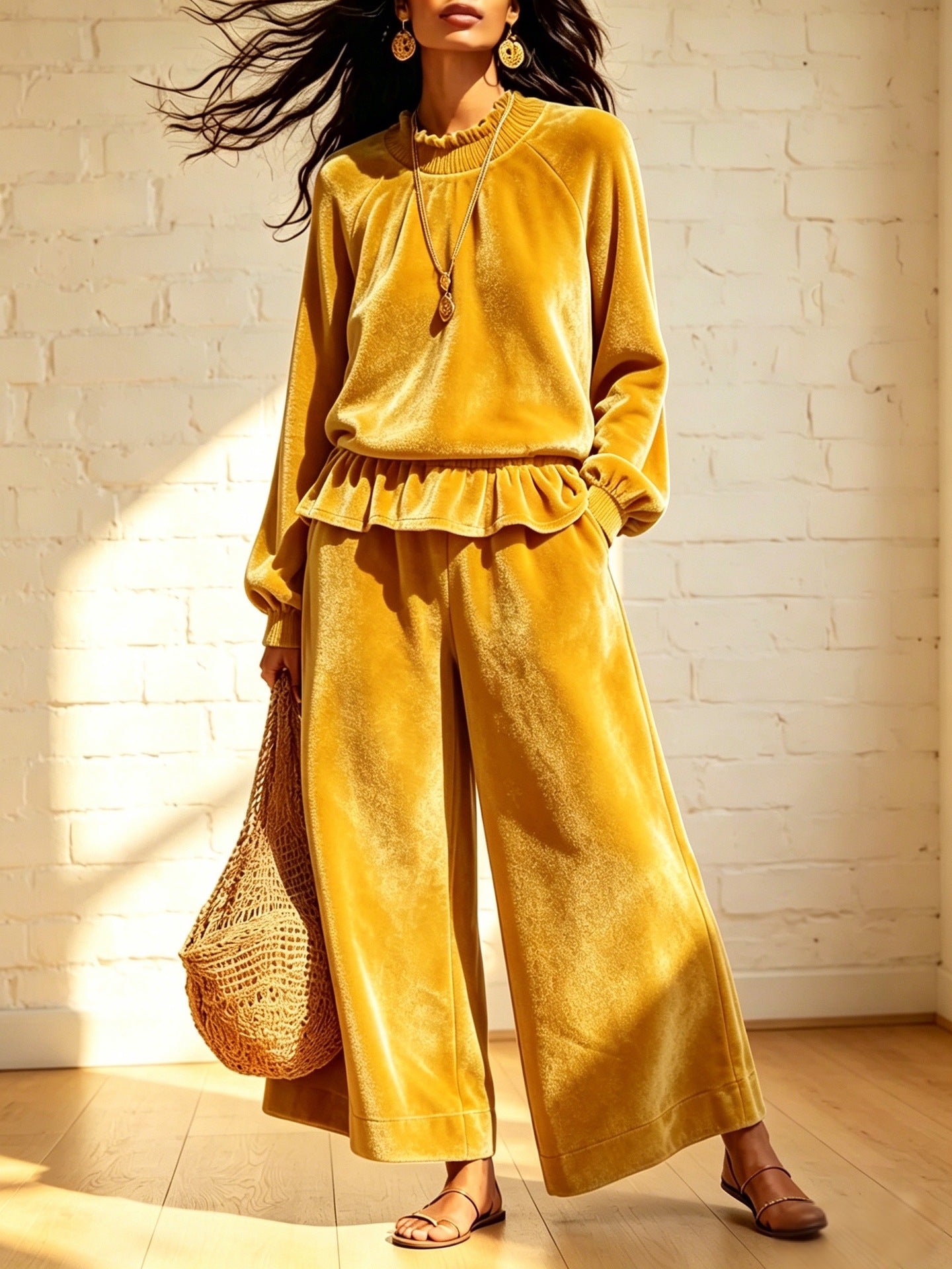 Fashionable femmes Casual Top et large-leg Pantalons ensemble