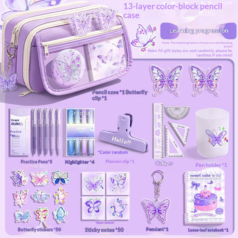 Ensemble de boîtier en crayon violet papillon de grande capacité