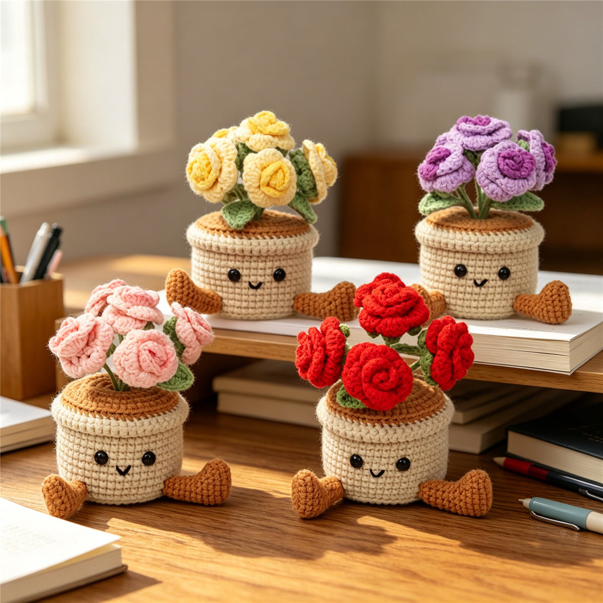 Crochet fait main multi coloré Rose Pot ornement Set de fil doux Everlasting Crochet Rose Bl