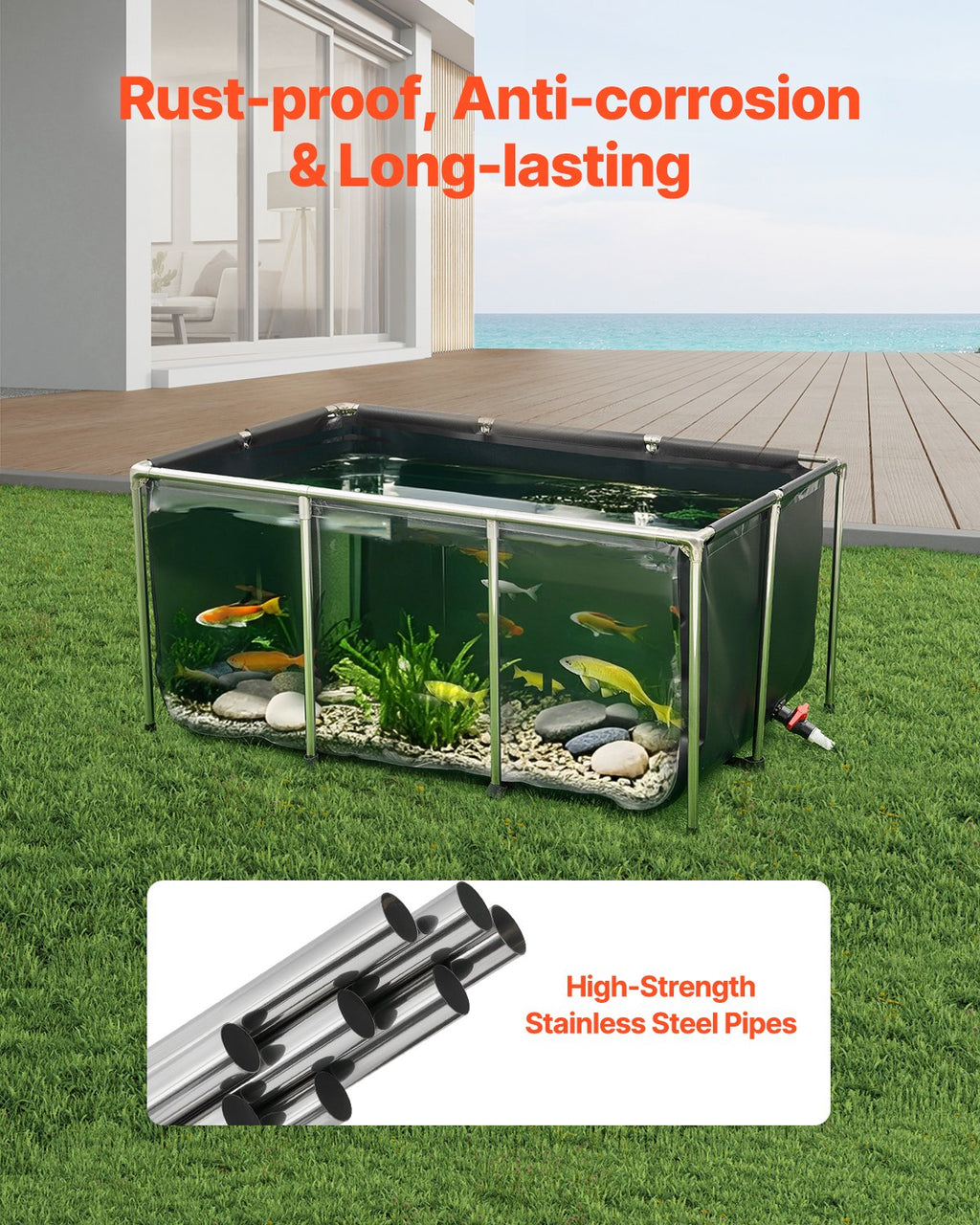 Toile Fish Pond au-dessus du sol Koi réservoir 270 Gal avec panneau clair