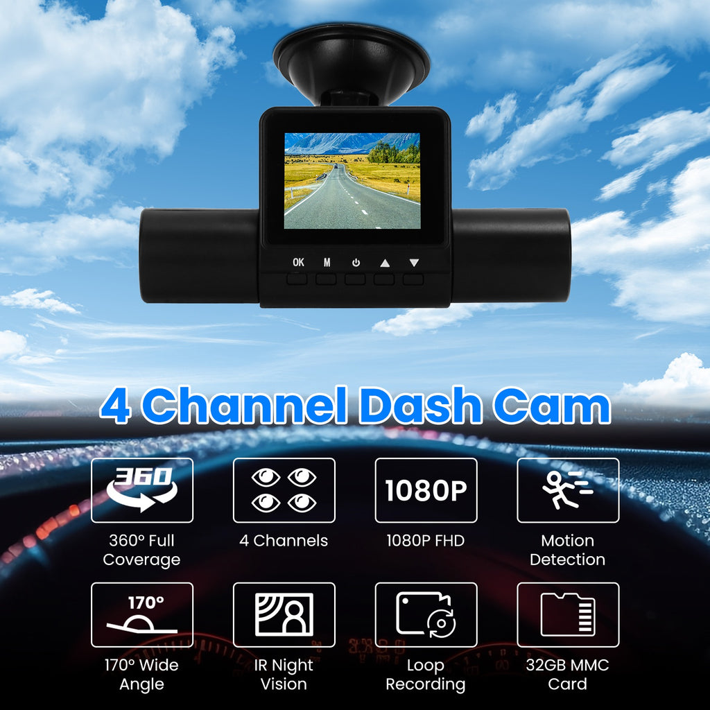 1Pc 360 Degree View FHD 4 Channel Dash Cam 1080P Front 480P Arrière Gauche Droite Intérieure Dash Ca
