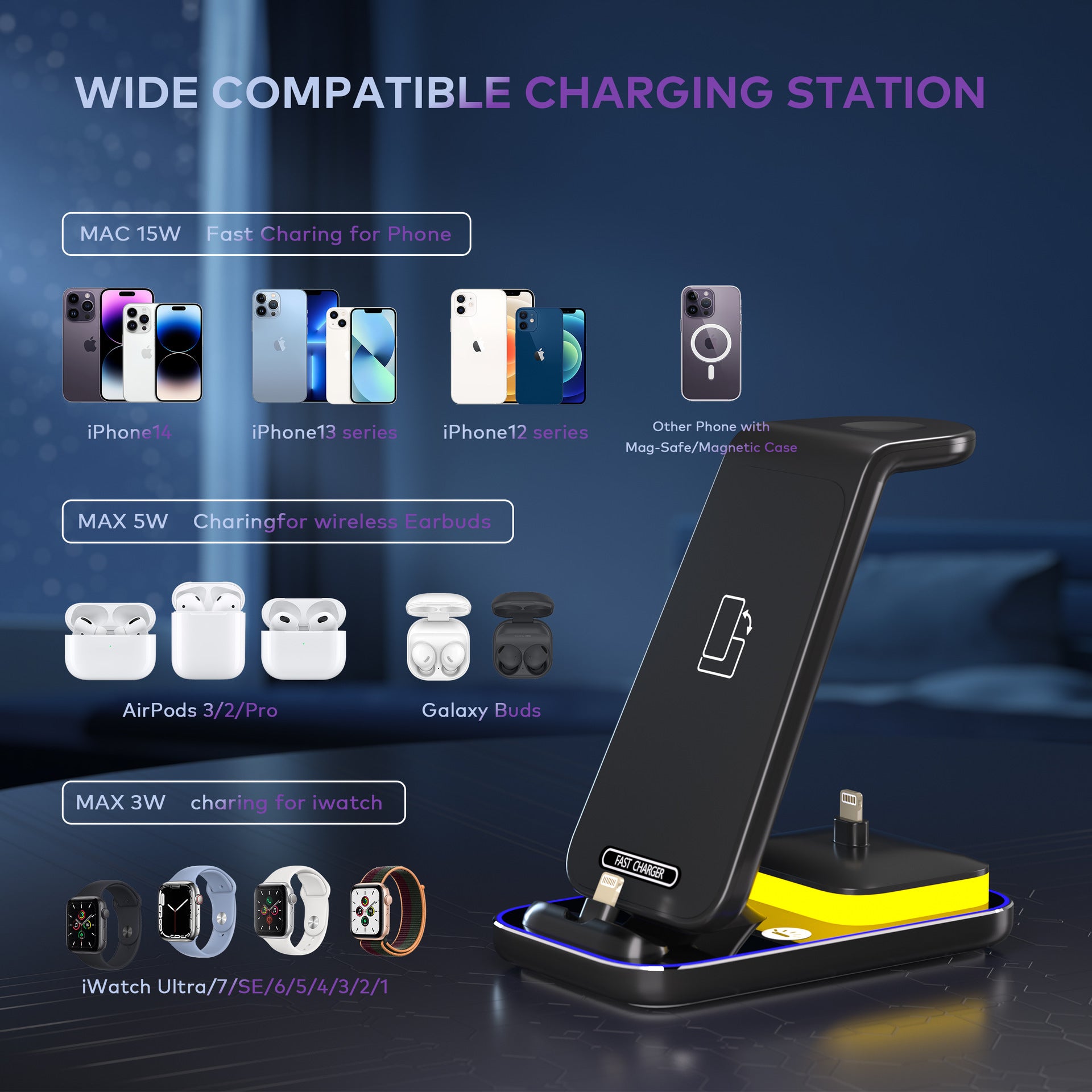 15W Chargeur vertical sans fil Chargeur Casque de téléphone mobile