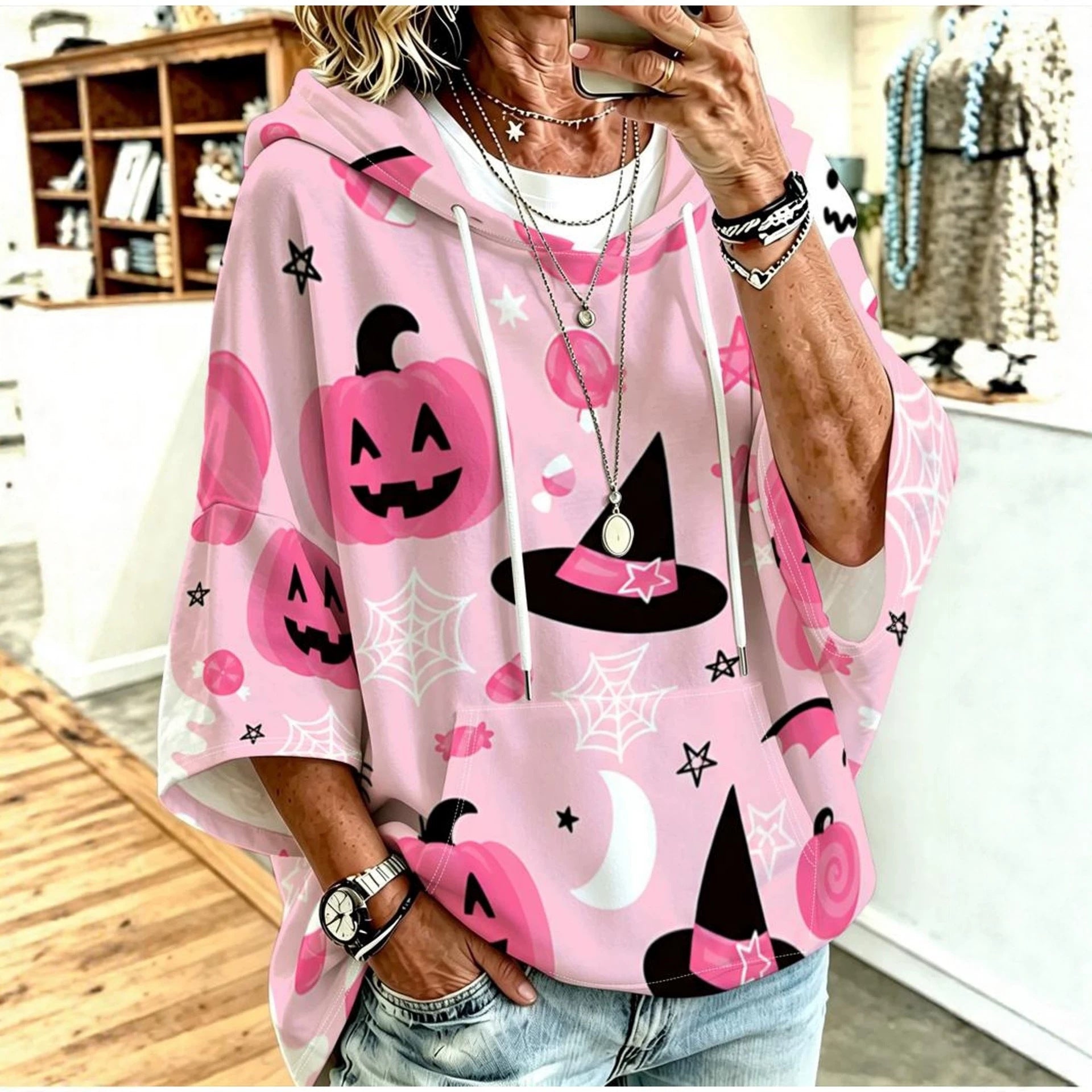 Hoodie imprimée pour femmes avec cordon de serrage et manches trois-quarters