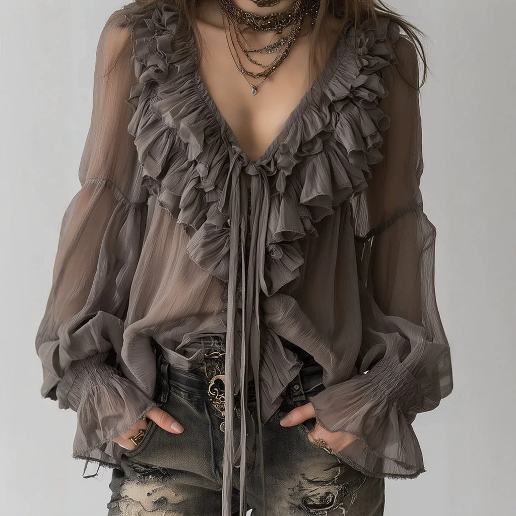 Blouse en dentelle à manches longues à col V gris-Brown pour femmes
