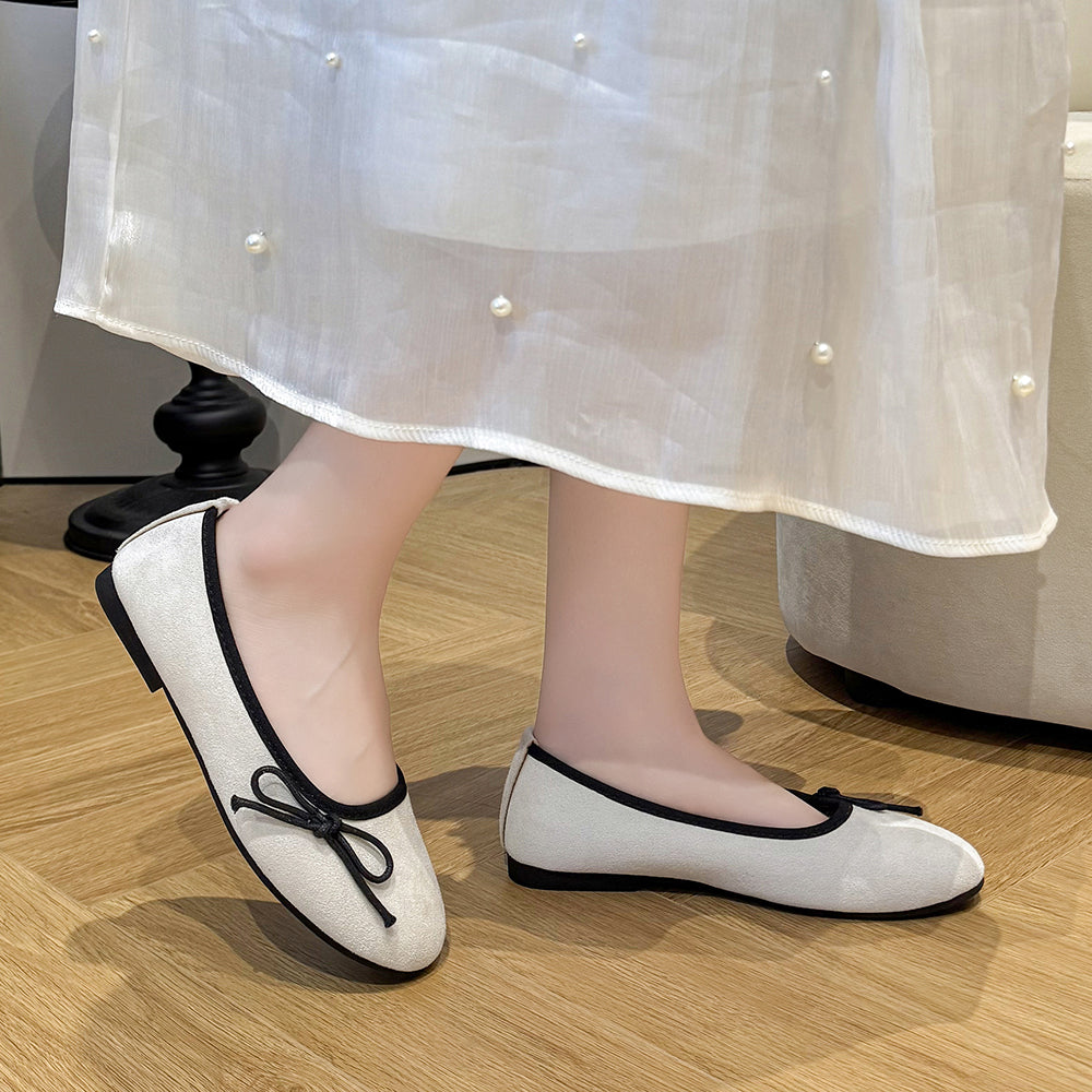 Femmes Français Suede Bow Soft Sole Ballet Flats Fairy Style Slip sur Mary Jane Pompes