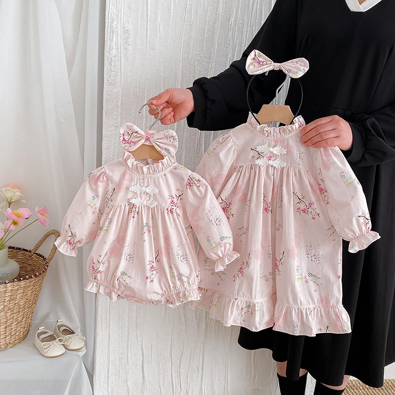 Longue manches bébé fille Triangle Rompers Retro style Tang robe