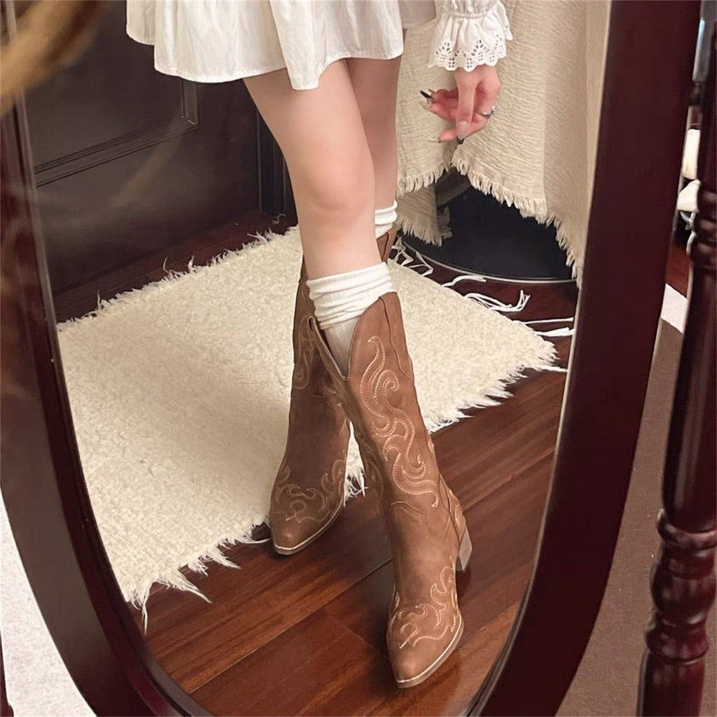 Femmes Brodé V-Neck Bottes de Cowboy Western