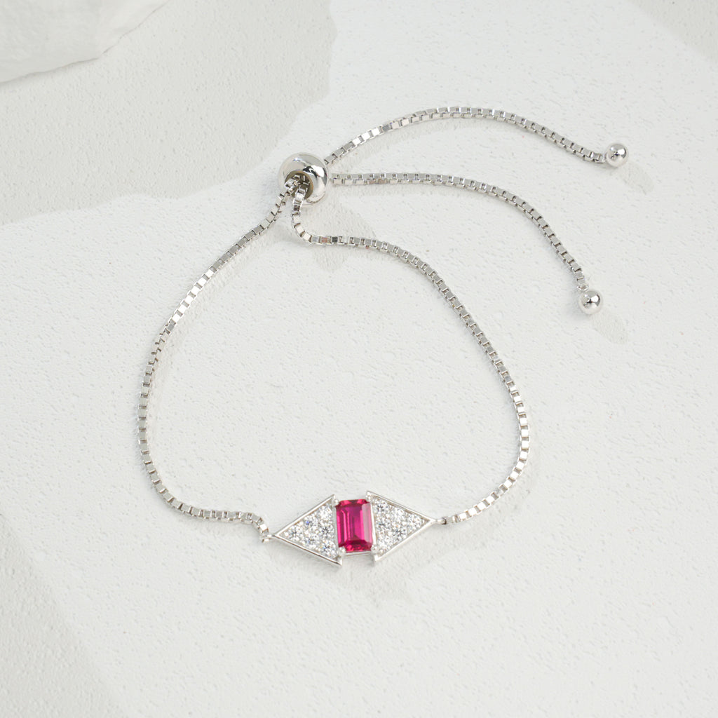 S925 Argent Sterling Rectangle 6x4mm Lab-Grown Emerald Ruby Bracelet 22cm Slider Adjustabl