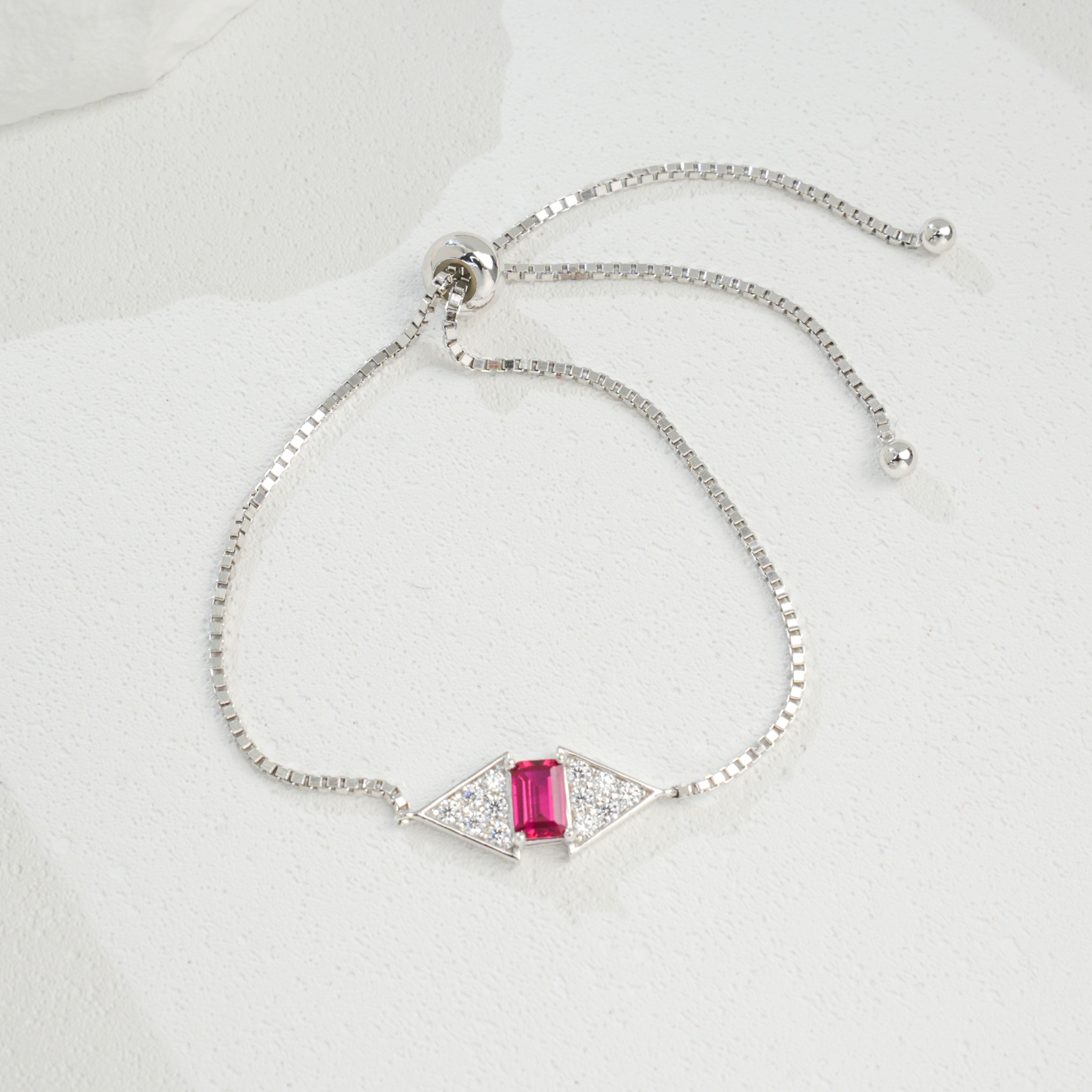 S925 Argent Sterling Rectangle 6x4mm Lab-Grown Emerald Ruby Bracelet 22cm Slider Adjustabl