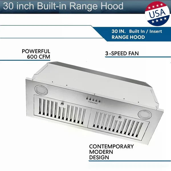 30" Insert intégré gamme Hood 600CFM Évent de cuisine LEDs Convertible Fan Sliver