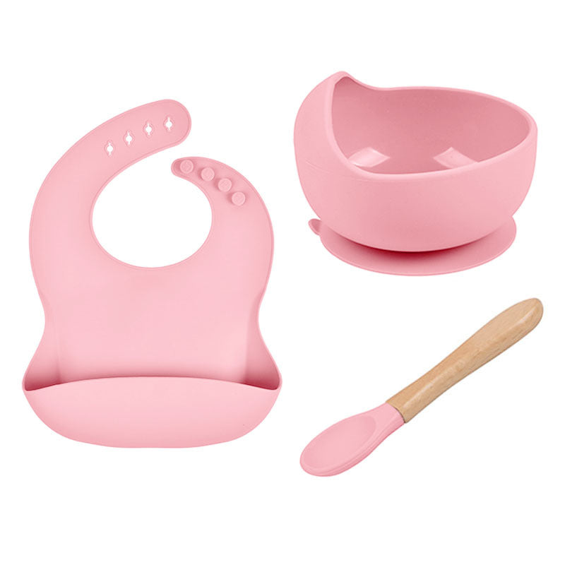 Baby Tableware Solid Food Bowl Silicone Bib Spoon en bois Ensemble de trois pièces