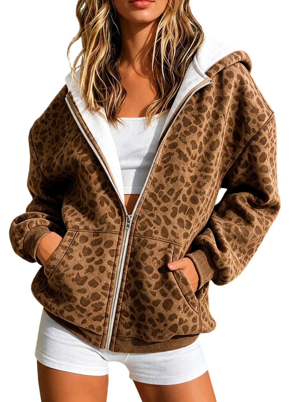 La mode européenne et américaine pour femmes Leopard Print Zipper à capuche Sweatshirt Veste Loose