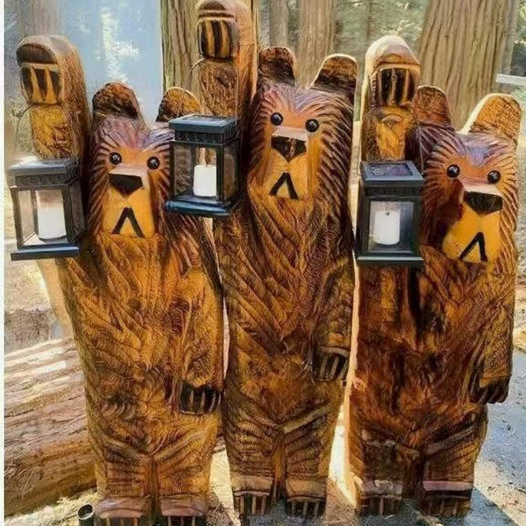 Figurine d'ours sculptée en bois avec éclairage LED