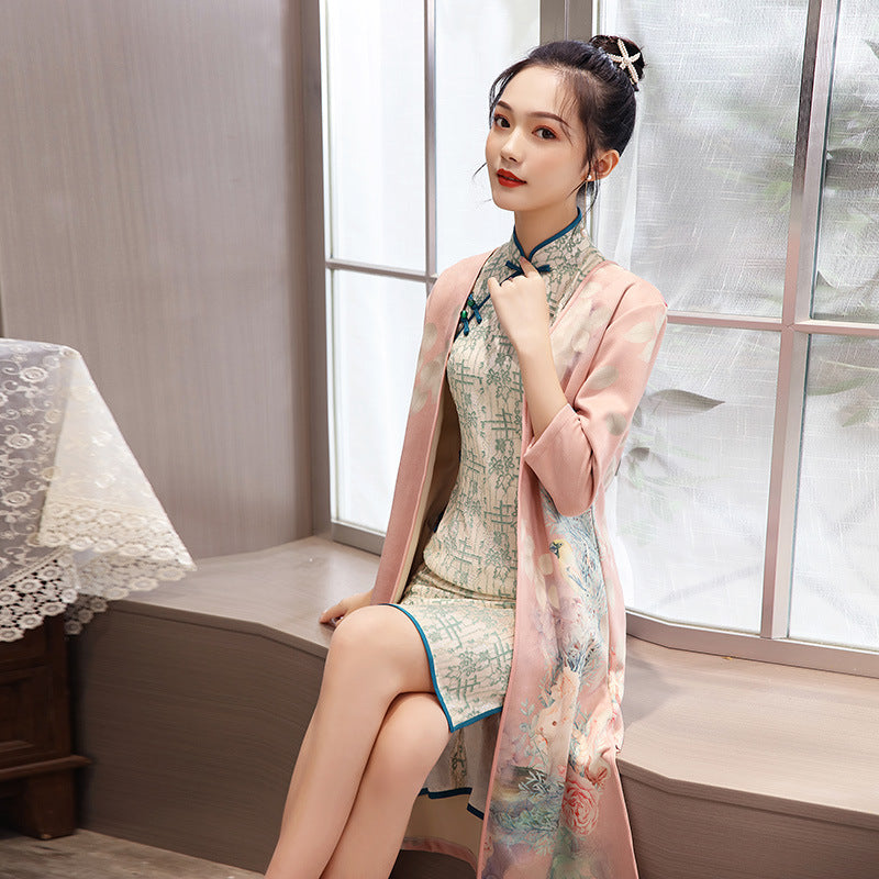 Cheongsam de longueur moyenne femme avec suède et robe Aodai