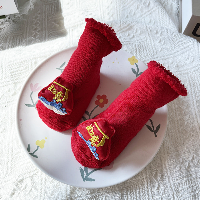 Bébé Hiver Grand Rouge Terry Chaussettes de sol antidérapantes