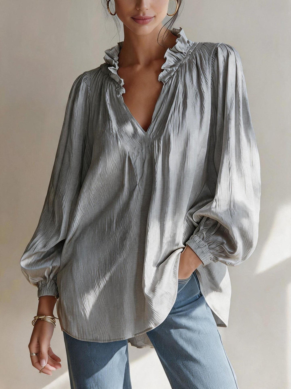 Femmes Casual Ruffled-edge V-neck Blouse à manches de puff