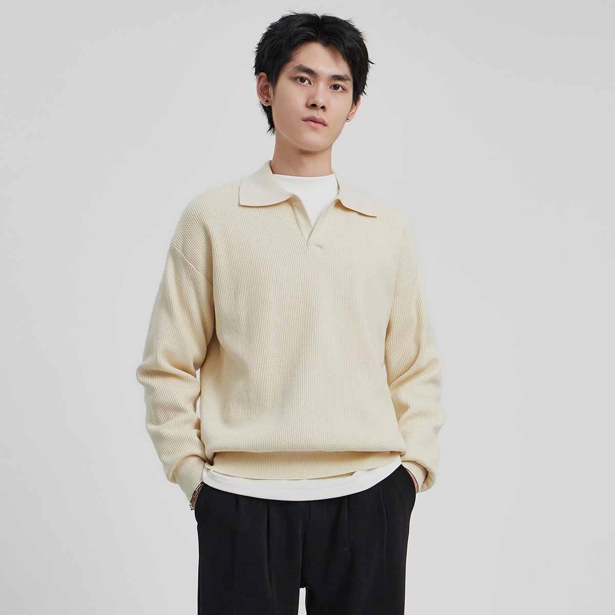 Lapel Sweater Men's Autumn Anti-Pilling col V Long Sleeve Top