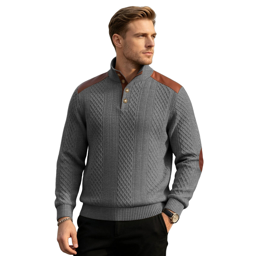 Texturé américain homme Jacquard Collared Knit Sweater avec épaule Patchwork Loose Long-