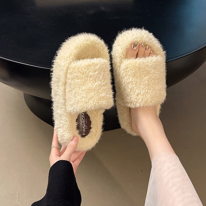 Plateforme Automne Hiver Coton Pantoufles Fuzzy Pantoufles Femmes Outdoor Vintage Fashion Furry