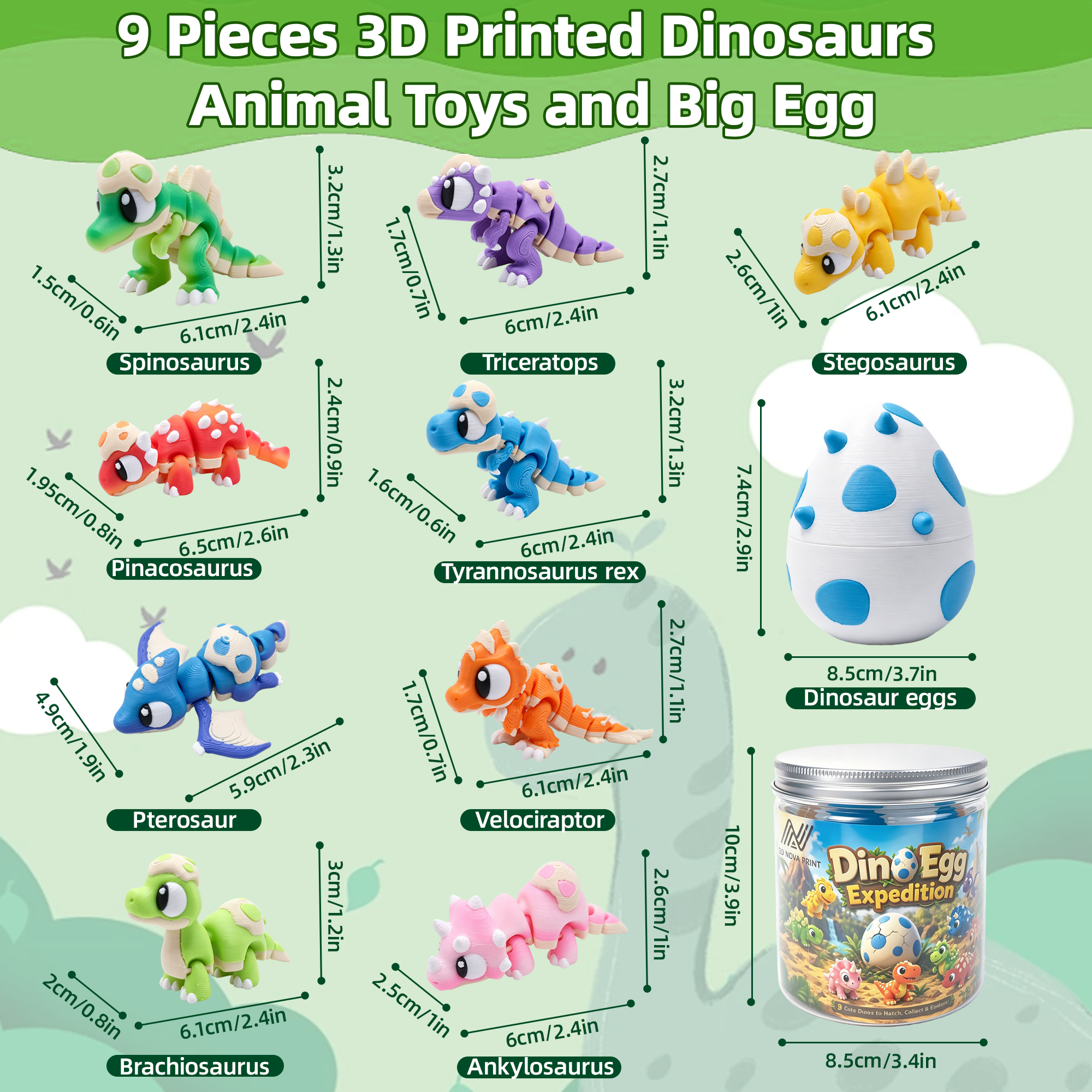 9PCS 3D imprimé Dinosaure Figures 1 Ensemble d'oeufs dinosaure