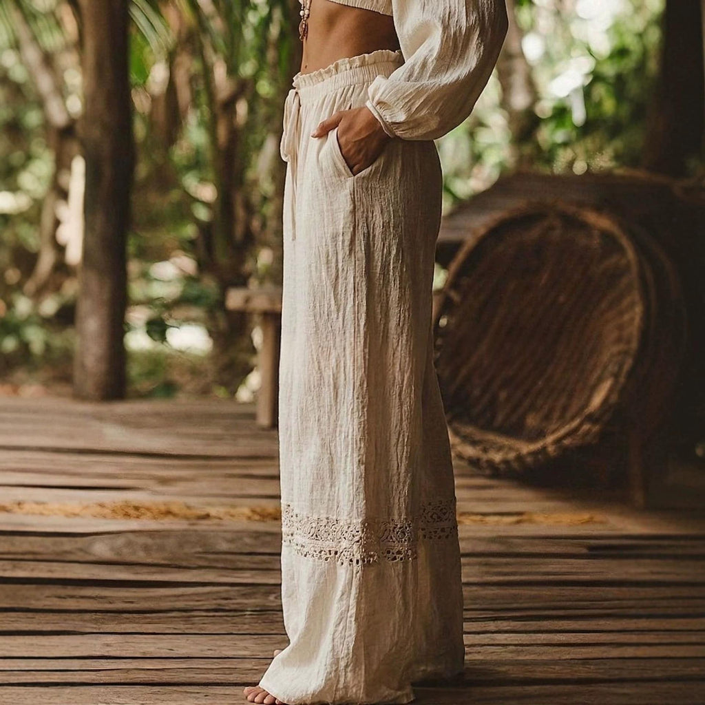 Pantalon en dentelle à large portée Beige High-wisted