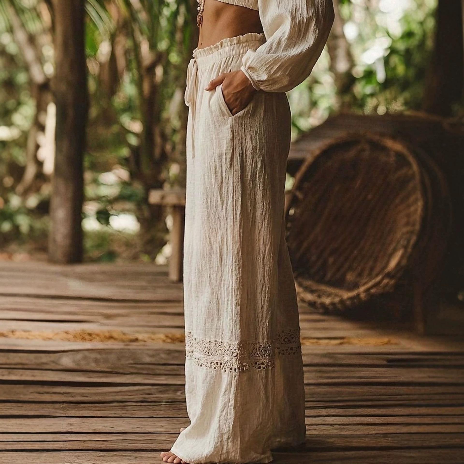Pantalon en dentelle à large portée Beige High-wisted