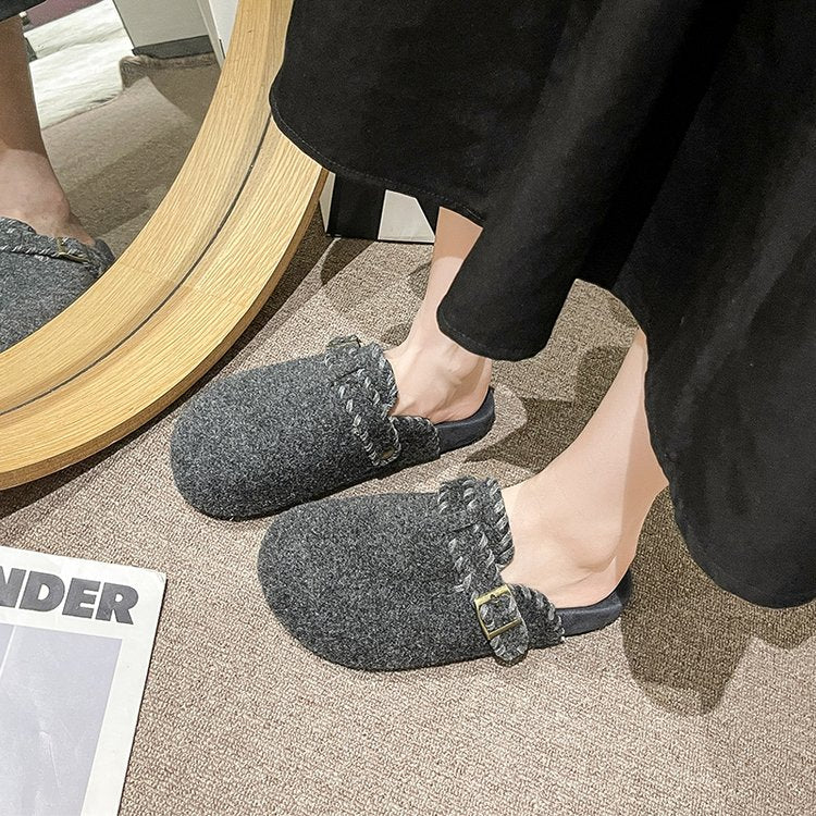 Femmes Laine de base épaisse Birken demi-paquet Pantoufles Buckle Strap Feutre Suede chaud Furry Coton