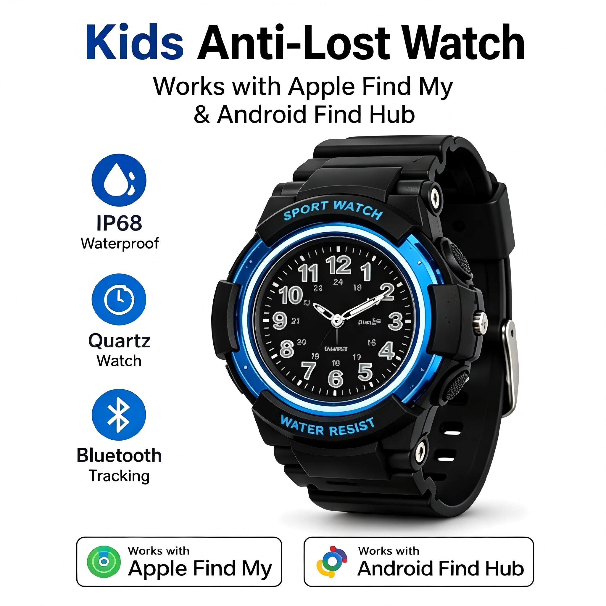 Enfants Anti-Lost Watch Trouver mon Android Trouver Hub Bluetooth Tracker Quartz Watch IP68 Waterpro