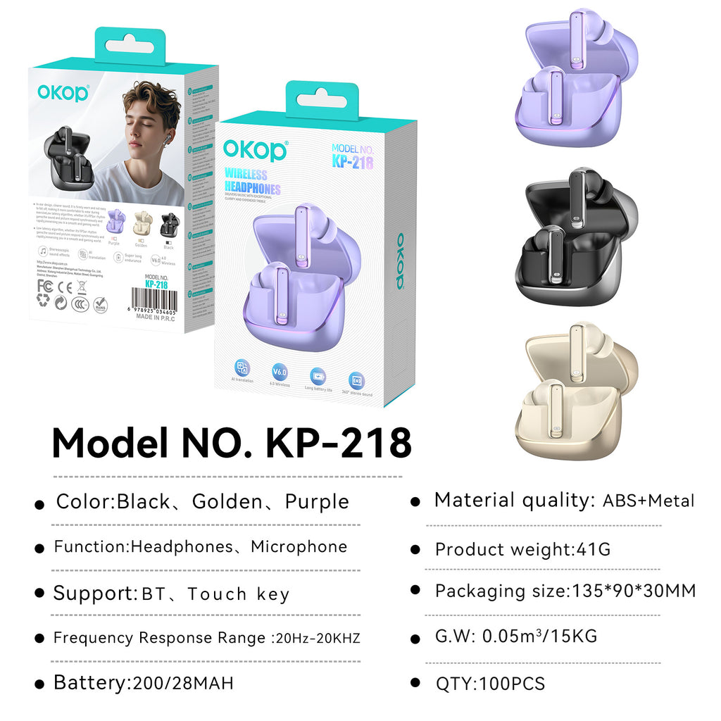 KP-218 Bruit sans fil Annulation dans l'oreille Sport Bluetooth Modèle avec batterie longue Li