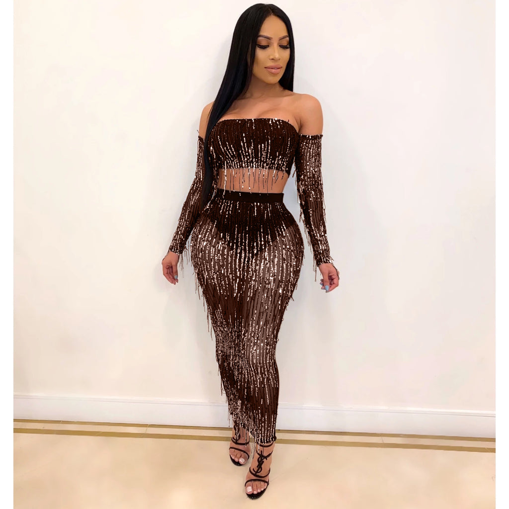 Mode Sexy See-through Mesh Sequins Tassel Ensemble deux pièces